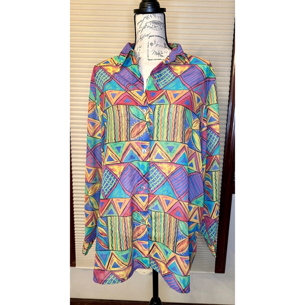 Vintage Coconut Row Palm Beach Large 80’s Pattern Sheer Silk ButtonUp Longsleeve